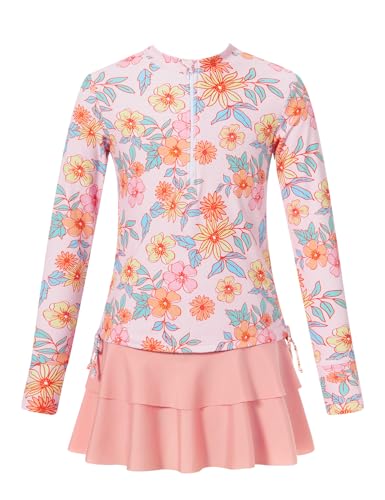 Image of Vogseek 3-12T Girls Rash Guard 2 Pieces Bathing Suit Long Sleeve Swimsuit Swimming Skirt with Shorts Swimwear