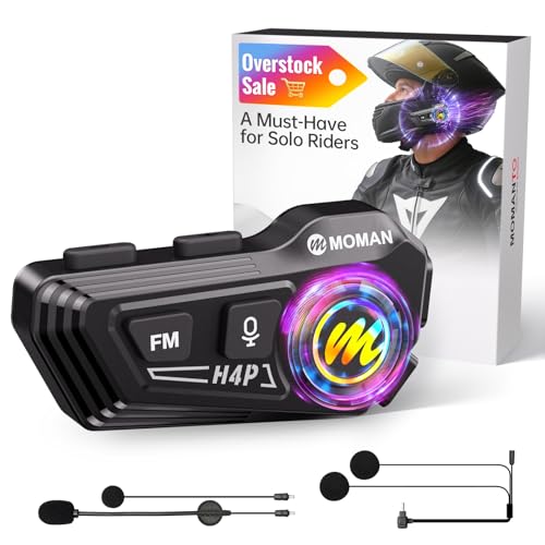 Moman Motorcycle Helmet Speakers-1000mAh Strong Battery, RS-H4P Motorbike Helmet Headset Dual Noise Reduction with Hi-Fi Soft/Hard Mic/IPX6/RGB/FM/Music Control/AI Voice/Headphone for Solo Riding