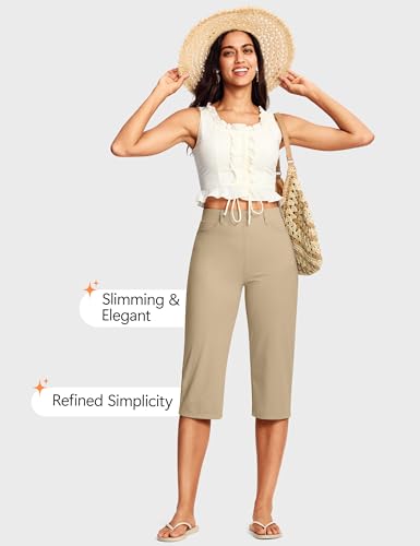 Image of ISEEGZ 14'' /18 inch Capri Pants for Women Dressy Stretch Pull On Womens Capris with Pockets Petite Summer Office Work Casual