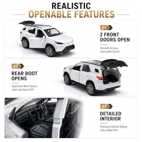 Image of Fortuner 1:32 Scale Die Cast Metal Toy Car with Pull Back Action, Light & Sound, Openable Doors,& Boot | Metal Body SUV Model Car for Kids Boys Girls & Collectors (Random Colour)