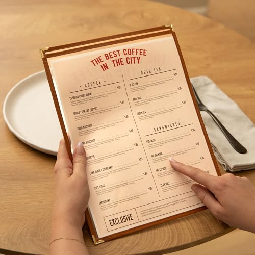 Image of Ilyapa Clear Menu Covers, 8.5x11 Inch - 30 Pack, Saddle Brown Faux Leather | 2-View Single Page Design, Durable PVC Plastic Sheet Protector, For Restaurant Menu Display, Double-Stitched Edges
