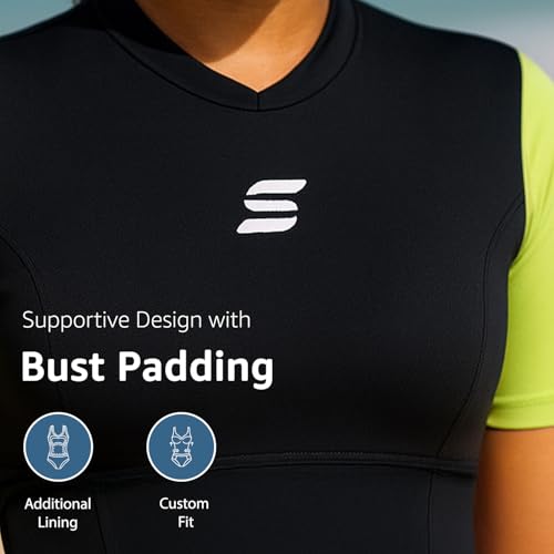 Image of Amazon Brand - Symactive Women's Colourblocked Padded One-Piece Swimsuit | Nylon-Spandex Bodysuit /Legsuit | Quick-Dry | Black & Neon Green - M