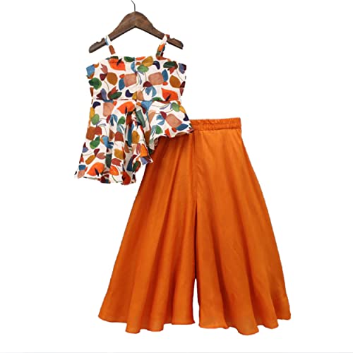 Image of Prawah Girls Printed Western Top and Orange Flared Palazzo for Girls 2 to 9 Years