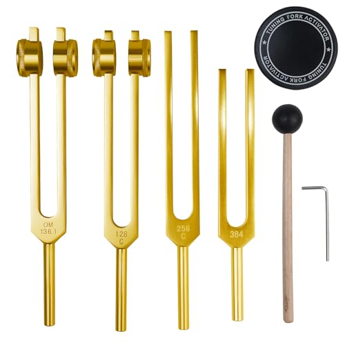 NEWFUN Diapason,Diapason,Juego de 4 diapasones (128 Hz, 136,1 Hz, MI 256 Hz, 384 Hz) ideal para terapia, para terapia de chakras, terapia de sonido, mantener el cuerpo y la mente relajados