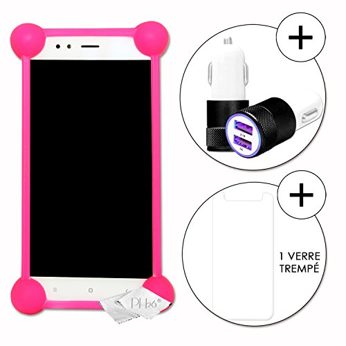 Wiko Cink King Super Pack Coque Bumper Rose Antichoc en Silicone de qualité + 1 Verre trempé de Protection dureté Maximal + 1 Chargeur Auto Allume Cigare 2...
