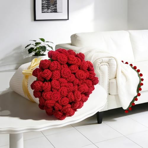 FNHMSL Crochet Bouquet Flower Throw Blanket Handmade Knitted Bouquet Blanket with Orange Flower Romantic Gifts for Girlfriend Mom Mothers Day/Birthday/Wedding (Red Rose 51X51 inch)