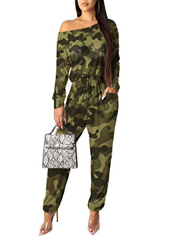 Sprifloral Women's Off Shoulder Long Sleeve Camouflage Print Long Pants Jumpsuits Romper Clubwear