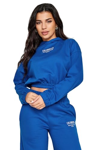 PixieGirl Petite Cobalt Blue 'Los Angeles' Slogan Cropped Hoodie Petite