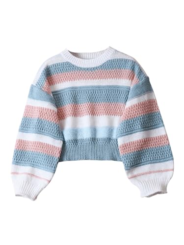 SweatyRocks Girl's Colorful Striped Sweaters Lantern Long Sleeve Crewneck Knit Tops