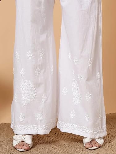 Image of POSHAK CHIKAN STUDIO Women's Hand Embroidered Lucknowi Chikankari Cotton Palazzo White