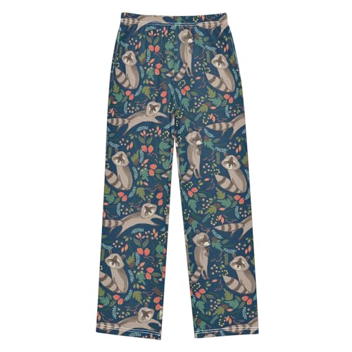 ZZXXB Raccoon and Leaves Boys Long Pants Soft Trousers Elastic Waist Kids Lounge Bottoms with Pockets S-XL