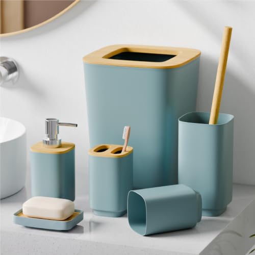 Image of Lifelong Bathroom Accessories Set of 6 with Bamboo Finish | Complete Bathroom Organizer Kit with Soap Dispenser, Toothbrush Holder, Tumbler, Soap Dish, Toilet Brush & Dustbin | Sea Green