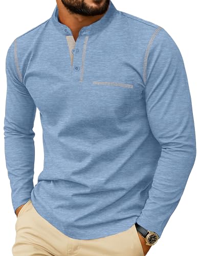 Sailwind Men's Henley Shirts Long Sleeve Button T-Shirt Casual Stylish Cotton Pullover Shirt with Pocket Light Blue