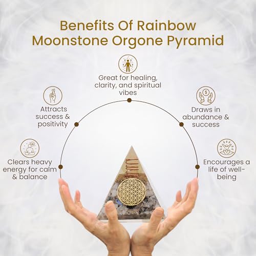 Image of Rainbow Moonstone Orgone Pyramid - Handcrafted Healing Crystal for Positivity, Strength, Meditation, Yoga, Reiki & Chakra Balancing