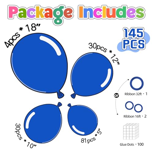 Image of 145pcs Royal Blue Balloons Different Sizes 18 12 10 5 Inch Blue Balloon Arch Kit Garland for Birthday Party Graduation Baby Shower Baseball Nautical Christmas Anniversary Party Decoration