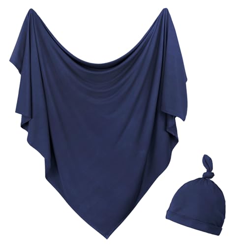 Image of Aijoviko Newborn Swaddle Blanket with Hat Set Baby Swaddle Set Hospital Receiving Blankets for Girls Boys(Navy,35"*35")
