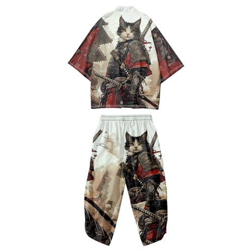 Image of DOSLAVIDA Men's Japanese Kimono Cardigan Suit Chinese Style Printed Jacket Pants Set Open Front Seven Sleeve Top & Shorts