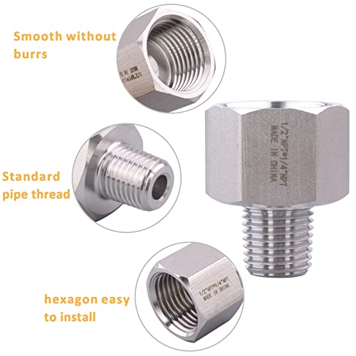 Image of Forged Reducer Adapter Fitting - Stainless Steel 304 Reducing Pipe Connector, 1 /2 inch NPT Female x 1 /4 inch NPT Male (pack of 2)