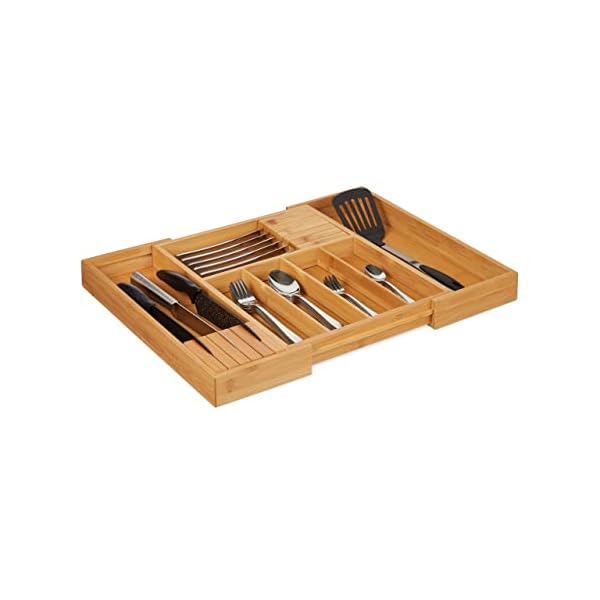 Relaxdays Besteckkasten Bambus, ausziehbar, 2 Messerblöcke, Schubladeneinsatz mit 5-7 Fächern, HBT 5 x 56 x 43 cm, natur, Hellbraun