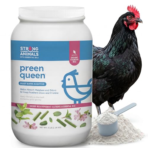 Strong Animals Preen Queen Chicken Dust Bath Additive - Poultry Dust Bath for Chickens with Peppermint & Citronella Oils Helps Absorb Moisture & Odors Keep Feathers Clean 5 lb Jar