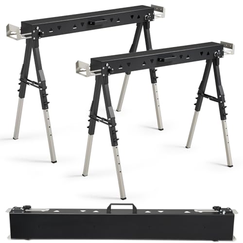 OLBRUS 2 Pack Heavy Duty Folding Sawhorse Pair, Adjustable Height & Legs, Portable Metal Saw Horses...