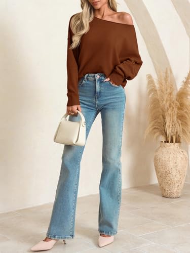 Image of Saodimallsu Womens Off The Shoulder Sweater Boat Neck Batwing Sleeve Knit Pullover 2025 Cute Casual Trendy Jumper Tops