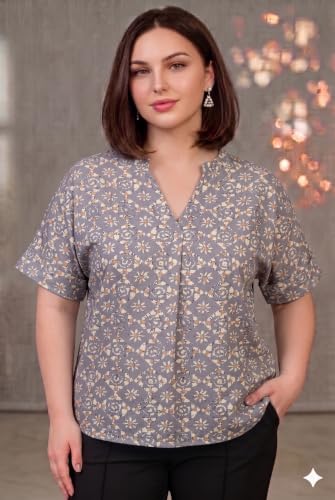 Image of SINDOORI Relaxed Fit Tops for Women Plus Size Solid Printed Mandarin Collar, Band Collar, V-Neck Top, Half Sleeve Loose Fit