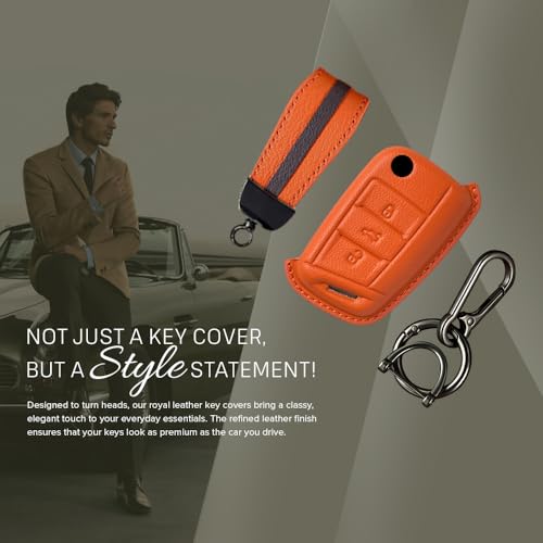 Image of Keyzone Royal Leather Key Cover for Virtus, Kylaq, Slavia, Kodiaq, Kushaq, Taigun, Tiguan, Octavia, Jetta, Superb, Karoq, T-ROC flip Key (Sunburst Orange)