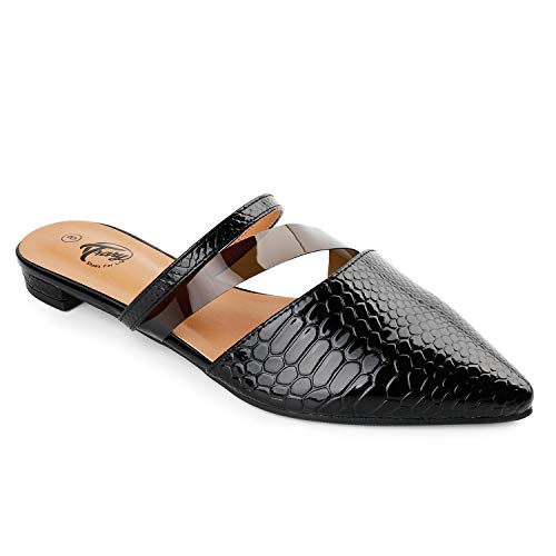 Trary Women's Pointy Toe Flat Mule Slides with PVC Clear Strap Black 09