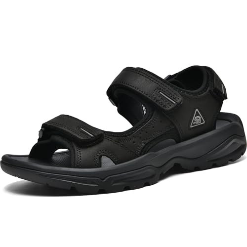 SHOPARKED Mens Leather Athletic Sandals Hiking Shoes EVA Cushion Foam Midsole With Arch support Rugged Durabrasion Rubber Outsole All Black 11
