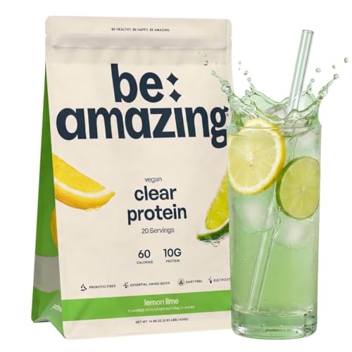 BE AMAZING Clear Vegan Protein Powder with Electrolytes 10g Pea Protein No Added Sugar Prebiotic Fiber Coconut Water Gluten Free Dairy Free Non-GMO Lemon Lime 20 Servings