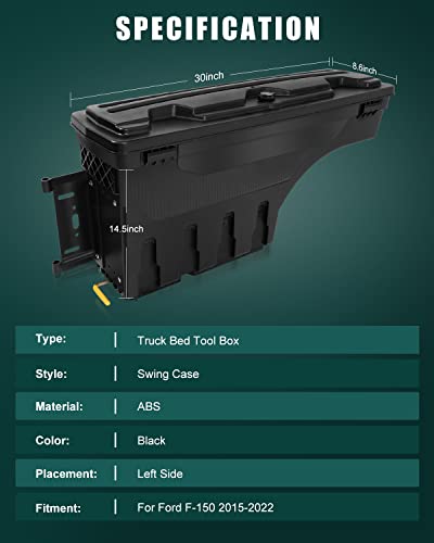 Scitoo Truck Bed Storage Tool Box Fit 180° Rotating For Ford F-150 2015-2022 Left Side Waterproof Black #TOP1