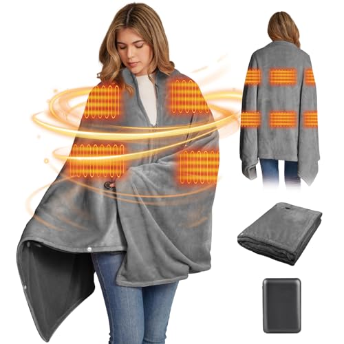 160x90cm Heizdecke Kabellos mit 16000mAh Akku, Waschbar Flanell Heizdecke zum Anziehen mit 6 Heizzonen und 3 Temperaturstufen, USB Elektrische Wärmedecke für Sofa, Büro, Reisen, Camping (Grau)
