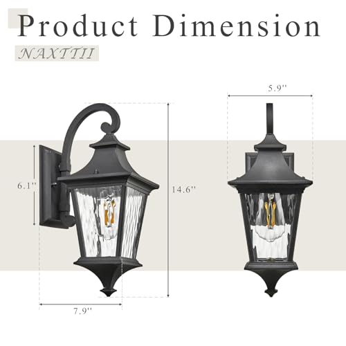 Image of Outdoor Wall Sconce 14.6 Inch Height Aluminum Exterior Lighting Fixtures with Water Ripple Glass E26 Socket and Black Finish