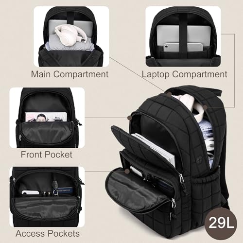 Image of kadilong 17.3 Inch Laptop Backpack for Women College Travel,Quilted Daypack Bookbag for School Teen Girls Mochilas Mujer,Black