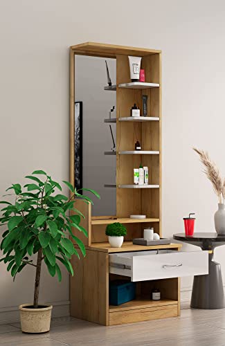 Image of Bniture Wooden Dressing Table for Bedroom with 1 Drawer, Mirror and Huge Storage Space | Long Dresser Vanity Table with Mirror (42D x 60W x 180H CM) | 1 Year Warranty (Giant Wood & Frosty White)