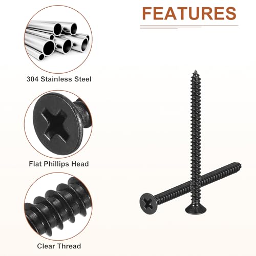Image of DTGN 100Pcs #6x2 inch Flat Head Wood Screws, 304 Stainless Steel Phillips Self Tapping Screws - Good for Woodworking, Furniture - Black