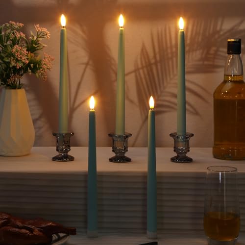 Image of Handepo 48 Pack Flameless Taper Candles Realistic with Flickering Candlelights Plastic 11 Inch Last Long Battery Operated Window Candlestick for Halloween Christmas(Teal)