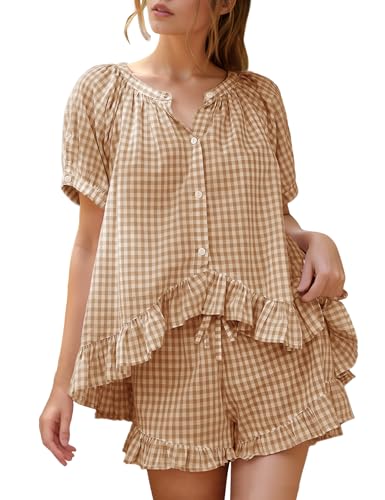 Flygo Womens Gingham Pajamas Set 2 Piece Cotton Pj Lounge Sets Puff Sleeve Ruffle Babydoll Shirt Shorts Summer Outfits