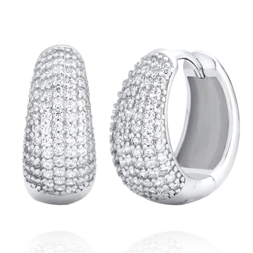 925 Sterling Silver Cubic Zirconia Pave Dome Huggie Chunky Hoop Earrings
