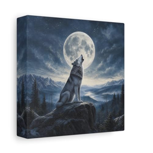 Impression sur toile loup sauvage et lune carrée 15x15cm