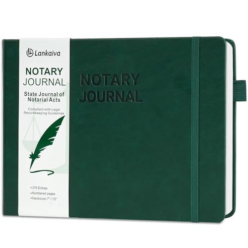 Notary Journal Log Book with Privacy Guard and Inner Pocket, 10"X7", Green