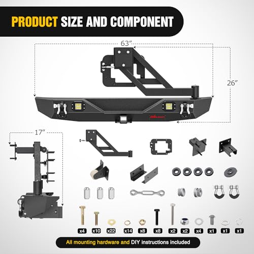 Image of Nilight Rear Bumper with Spare Tire Carrier for JK & Unlimited | For Wrangler JK & Unlimited (2 /4 Doors) 2007-2018 Hitch Receiver w 2 LED Lights D-rings