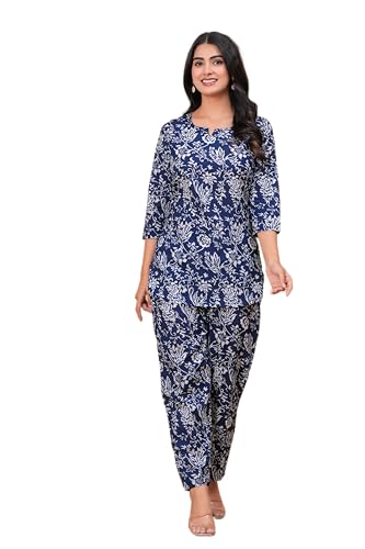 Image of MEERA FAB Women Printed V-Neck Pure Cotton Tunic with Trousers Co-Ords Set