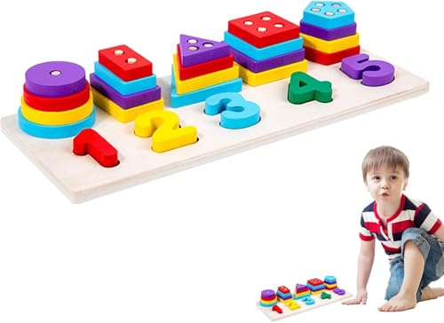 Image of SHINETOY ENTERTAIN KIDS Multifuction Shape Board,Sorting & Stacking Wooden Stackable Blocks for Toddlers,Color Recognition,Preschool Educational Toys Montessori Games Early Learning Puzzle Gift,16 Pcs