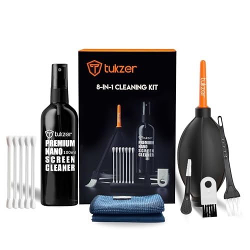 Tukzer Professional 8in1 Cleaning Kit for Laptop Tablet Smartphone Camera Airpod (100mlCleaning Solution AirBlower CottonSwabs Suede Plush Microfiber Cloth Antistatic Cleaning Bristle Universal Brush)