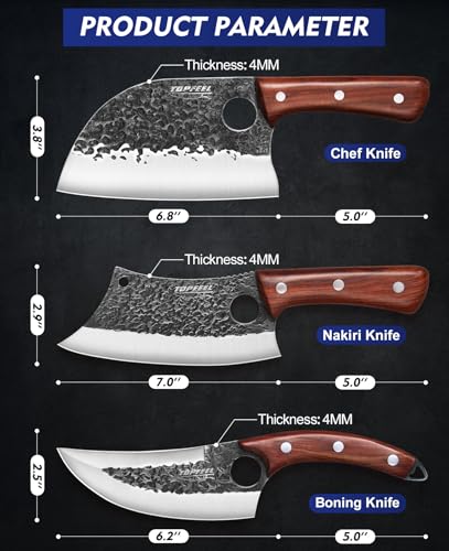 Topfeel 3PCS Butcher Knife Set, Hand Forged Serbian Chef Knives & Meat Cleaver & Viking Knives, Meat Cutting Kitchen Knife Set for Home, Outdoor Cooking, Camping BBQ Gift Idea Men