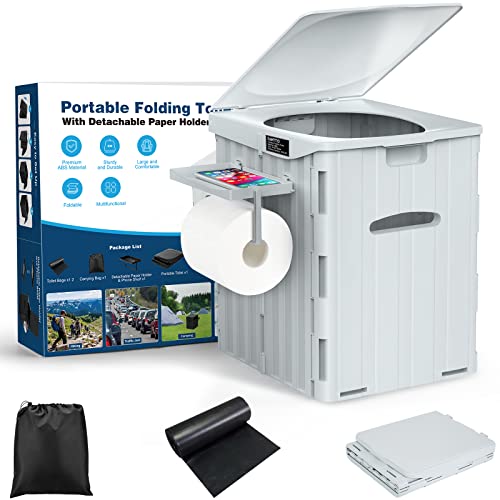 XL Portable Toilet for Adults, 15.4″ H Foldable Camping Toilet with Detachable Phone Shelf and Toilet Paper Holder, Waterproof Porta Potty with Lid for Hiking, Long Road Trips, Car
