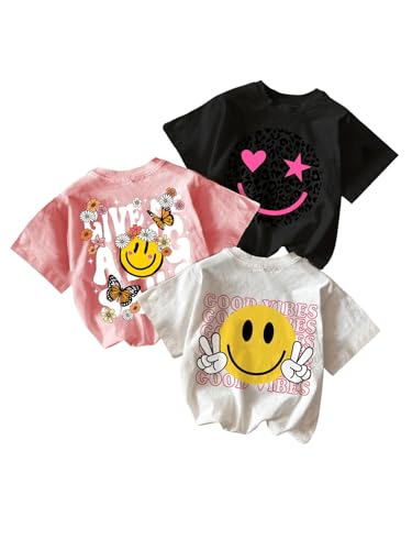 SweatyRocks Girl's 3 Pack Cartoon Graphic Tee Shirt Short Sleeve Crew Neck Funny Loose Tee Tops