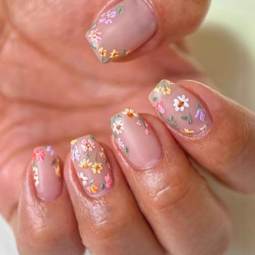 Flower Press on Nails Short Square Fake Nails with Colorful Floral Design Glossy Pink Glue on Nails Daisy Nails Press ons Reusable Full Cover Spring Summer False Nail for Women Manicure 24Pcs